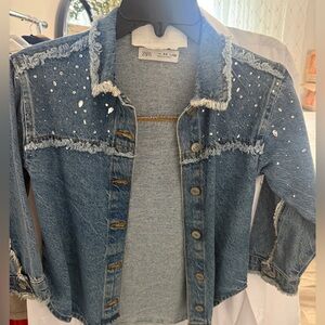 Zara Blue Distressed Denim Jacket with Silver Embellishments Size 8-9